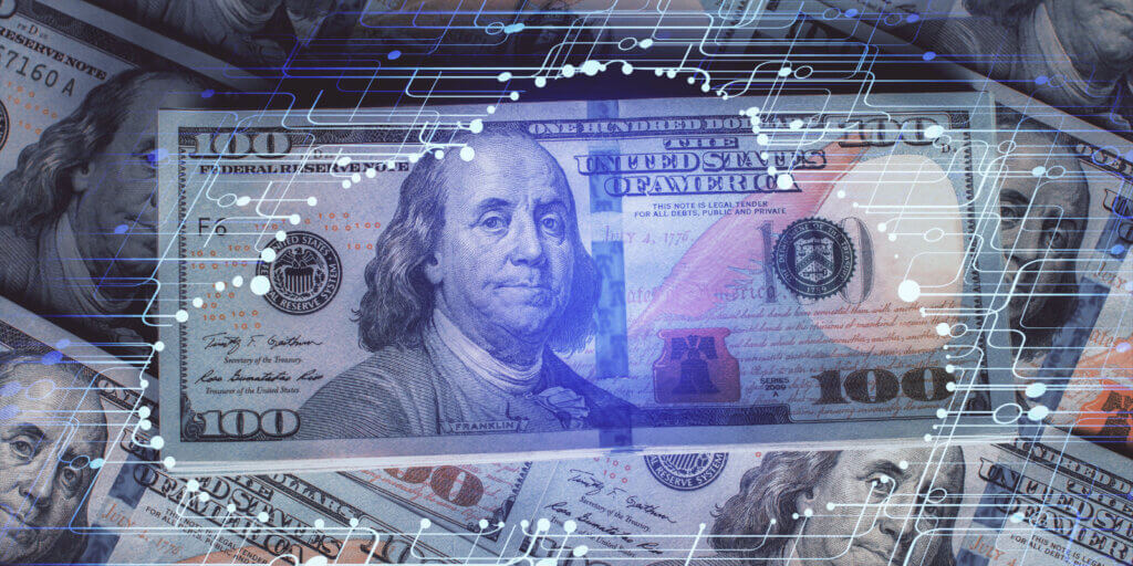 Hundred dollar bills with technology overlay illustrating quick cash real estate transactions